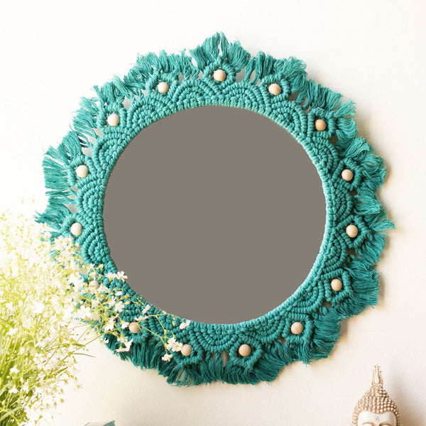 Wall Mirror | Handwoven Macrame | Turquoise | L-33 B-33 H-4 cm