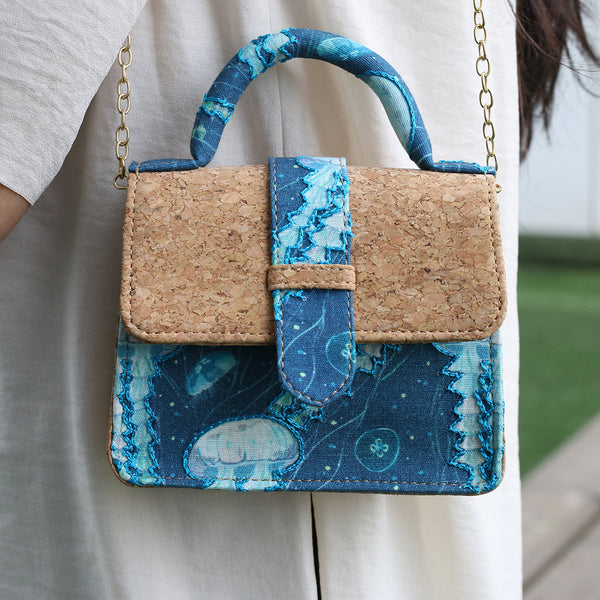 Handcrafted Cork Fabric Blue Mini Baguette Bag