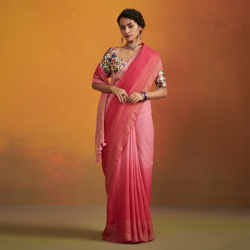 Pure Linen Saree with Blouse Fabric | Festive Wear for Women | Tasseled | Pink Ombre