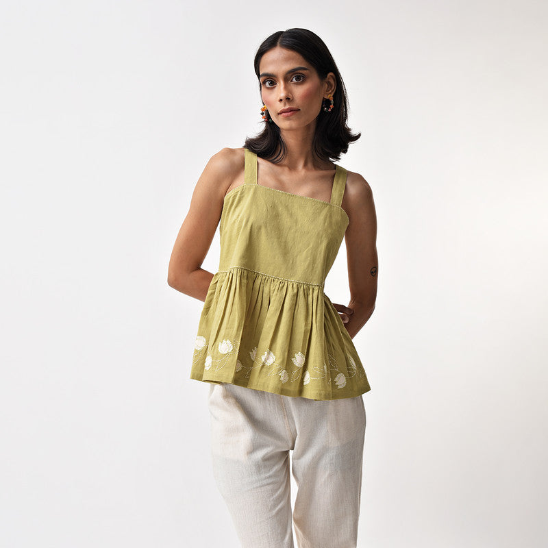 Cotton Top for Women | Adjustable Straps | Threadwork | Green