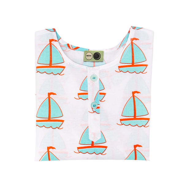 Cotton Night Suit for Kids | Sailboat Print