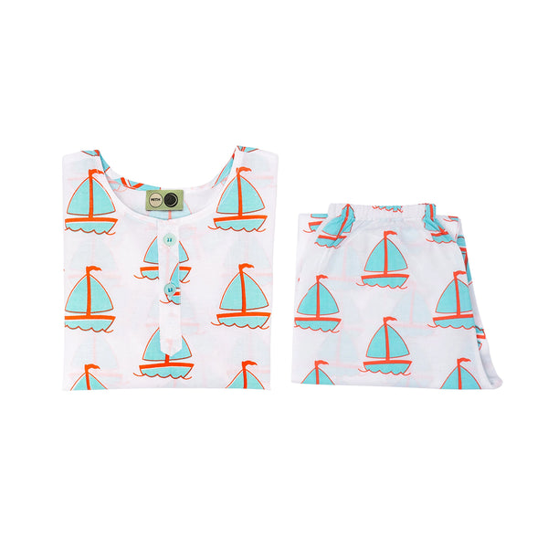 Cotton Night Suit for Kids | Sailboat Print