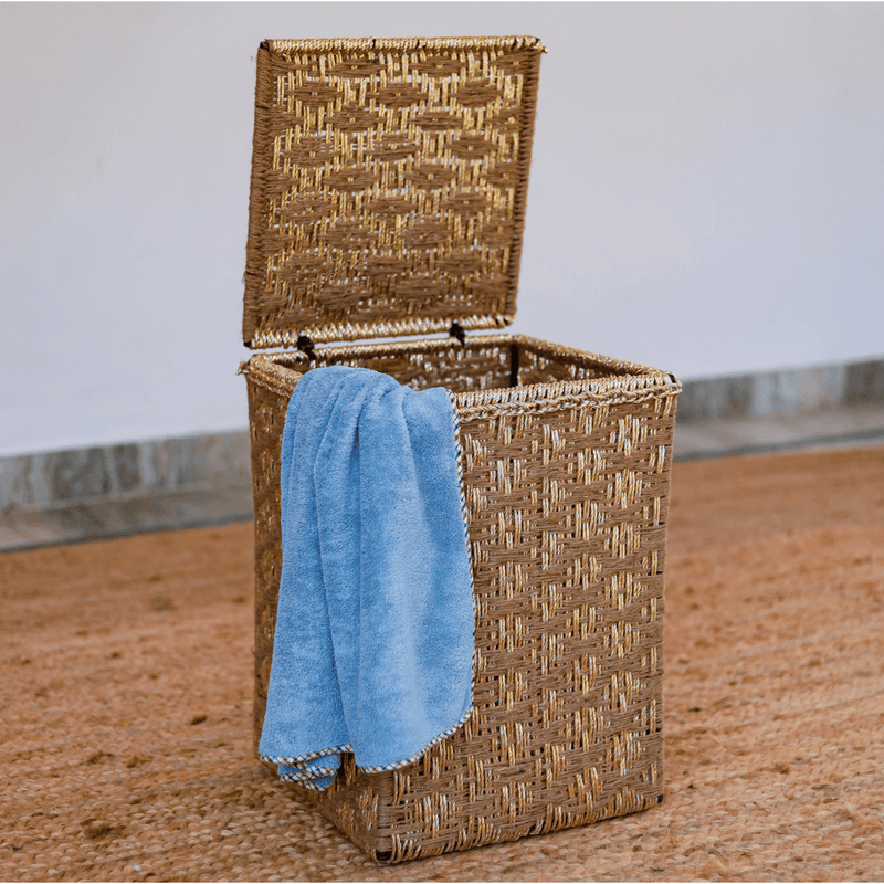 Upcycled Plastic Large Laundry Basket | Beige & Gold | LxBxH 16x16x24 Inches