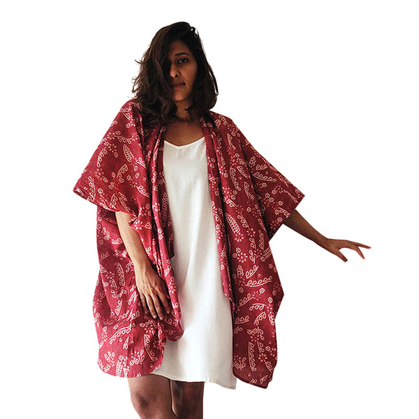 Summer Jacket for Women | Cotton Printed Kimono | Maroon | Free Size