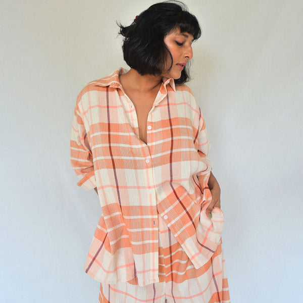 Cotton Checkered Oversized Shirt | Peach & White