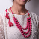 Wooden & Brass Beaded Thread Necklace | Pink