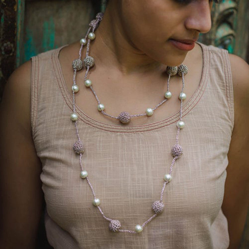 Wooden Beaded Metallic Thread Necklace | Rose Gold