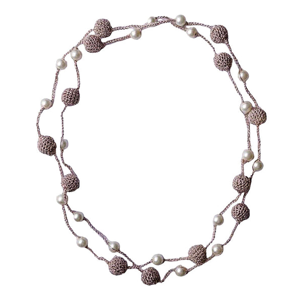 Wooden Beaded Metallic Thread Necklace | Rose Gold