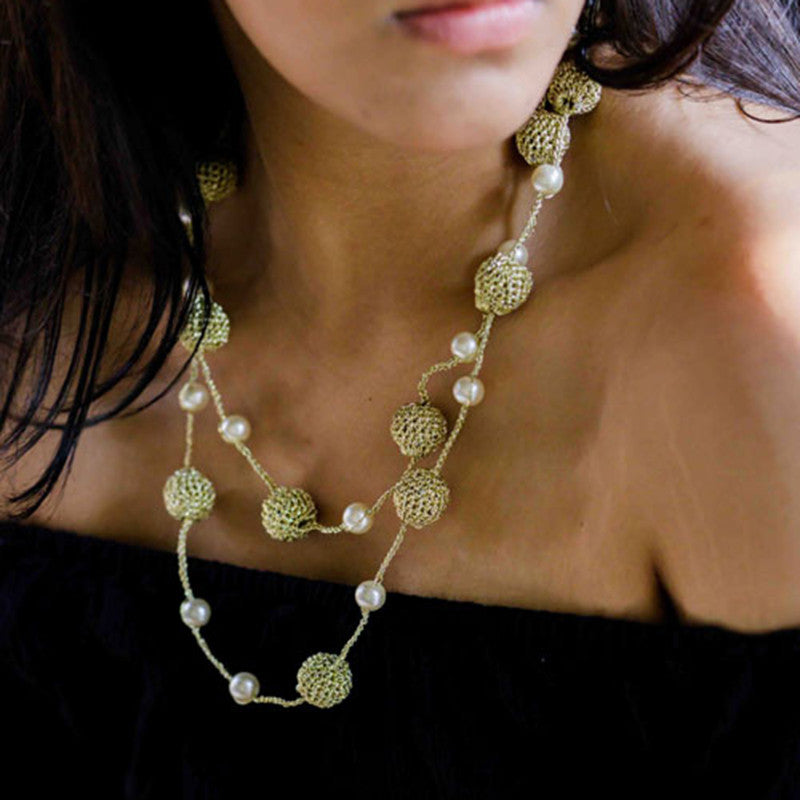 Wooden Beaded Metallic Thread Necklace | Gold