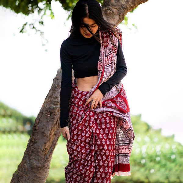 Mulmul Saree | Handblock Print | Natural Dyed | Maroon