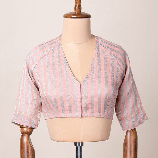Linen Striped Blouse | Handwoven | Peach & Silver