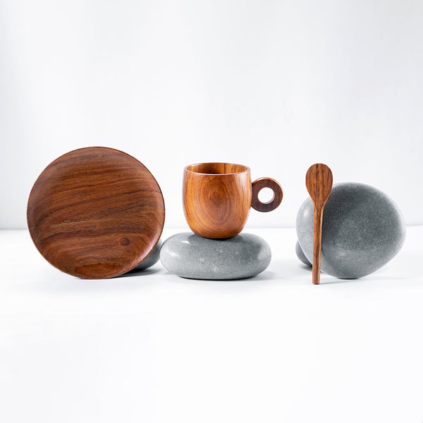 Sheesham Wood Cup & Saucer With Spoon.