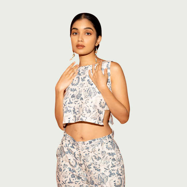 Cotton Floral Printed Crop Top | White & Blue