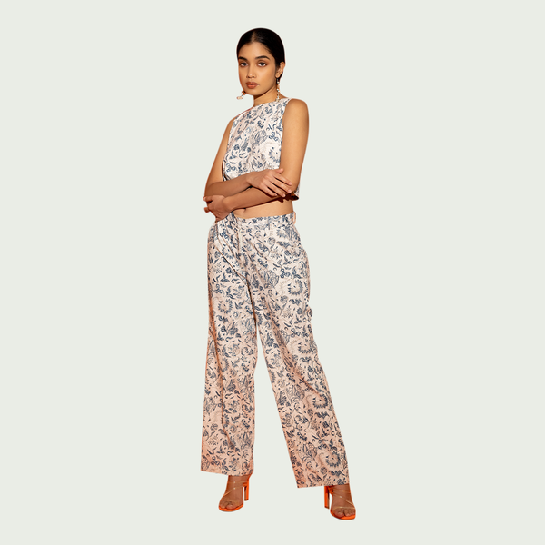 Cotton Floral Printed Pants | White & Blue