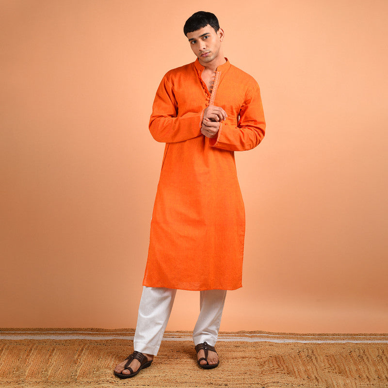 Cotton Hand Embroidered Kurta | Orange