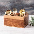 Teak Wood & Iron Teak Wood Cutlery Holder | Brown & Gold