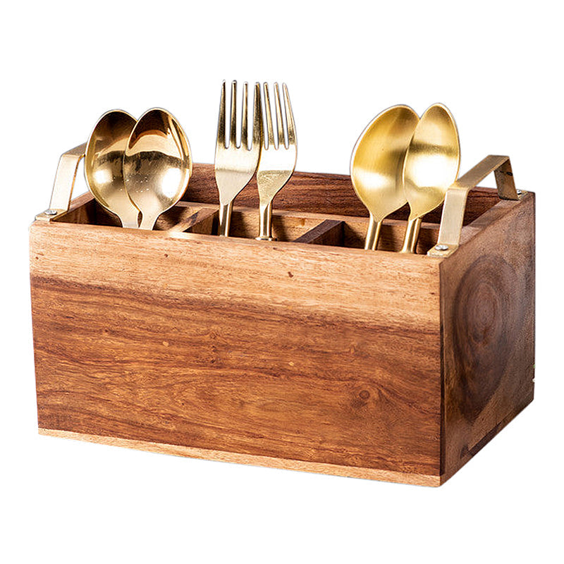 Teak Wood & Iron Teak Wood Cutlery Holder | Brown & Gold