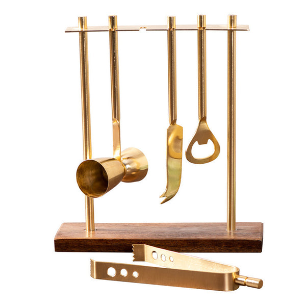 Bar Tool Set | Mango Wood & Stainless Steel | Gold.