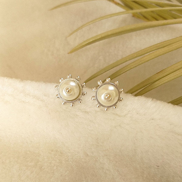 Pearl Stud Earrings | Brass & Glass | Silver