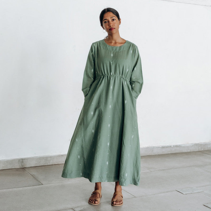 Handwoven Cotton Naturally Dyed Midi Dress | Sage Green