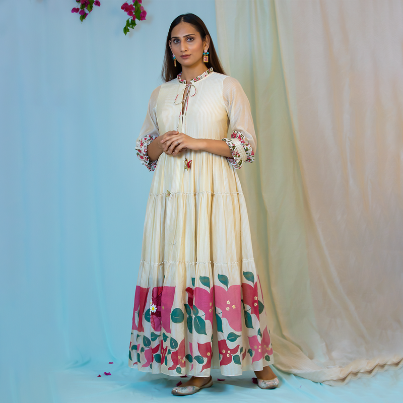 Chanderi Silk Tiered Skirt Dress | 3D Embroidered | Off White