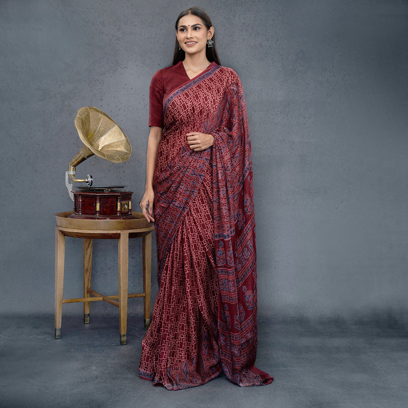 Modal Silk Saree | Ajrakh Handblock Print | Maroon