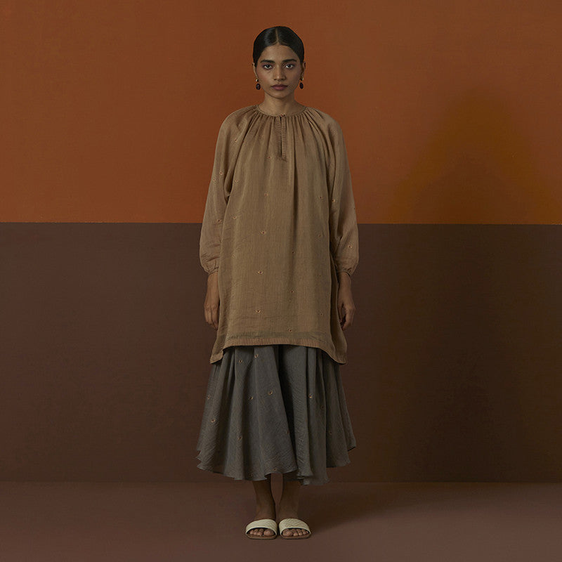 Cotton Silk Kurta Top | Raglan Sleeves | Brown