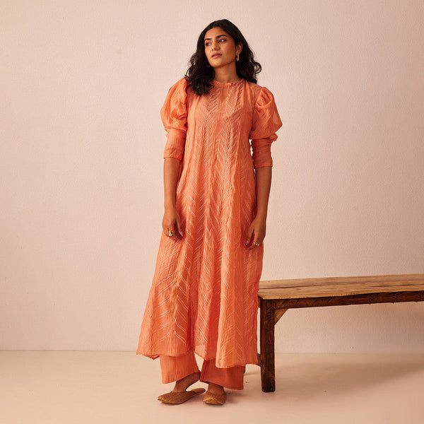 Cotton Chanderi Kurta | Botanical Embroidery | Peach