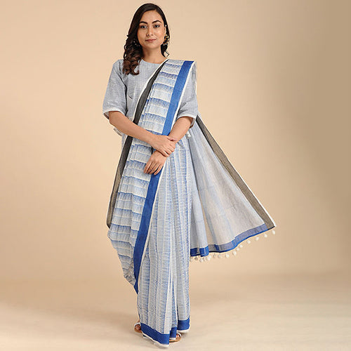 Mul Cotton Saree | Handblock Printed | Blue