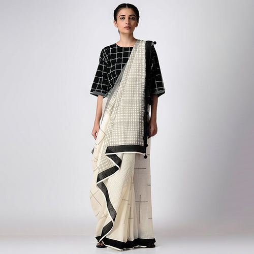 Mulmul Cotton Saree | Handblock Printed | White