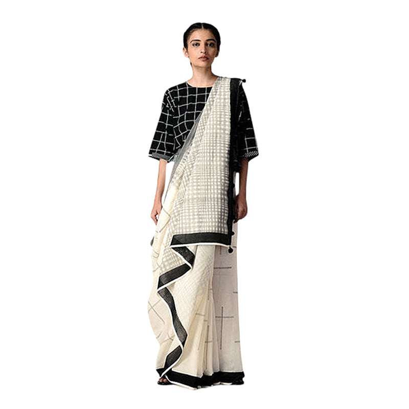 Mulmul Cotton Saree | Handblock Printed | White