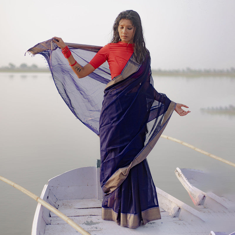 Maheshwari Silk Cotton Saree | Navy Blue