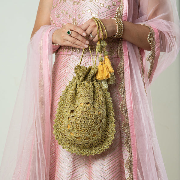 Potli Bag | Silk Fabric & Wooden Beads | Gold