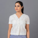 Cotton Checkered Top | Button Down | Off White & Blue