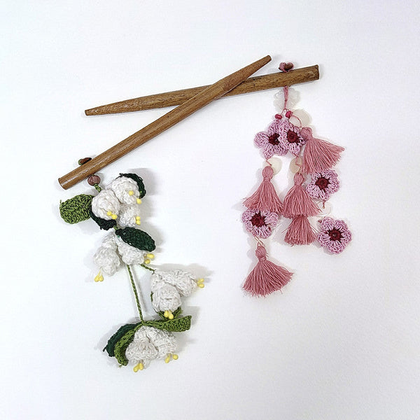 Cotton Yarn Hair Stick | Pink & Off White| Set of 2