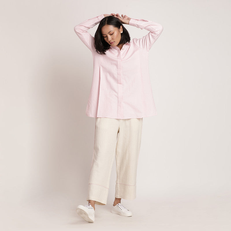 Cotton Full Sleeves Shirt | Pleated & Relaxed Fit | Pink