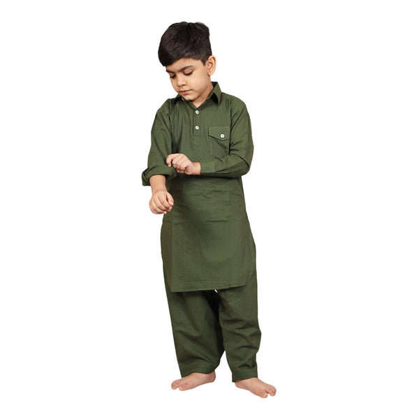 Cotton Kurta Set for Boys | Pathani Style | Green