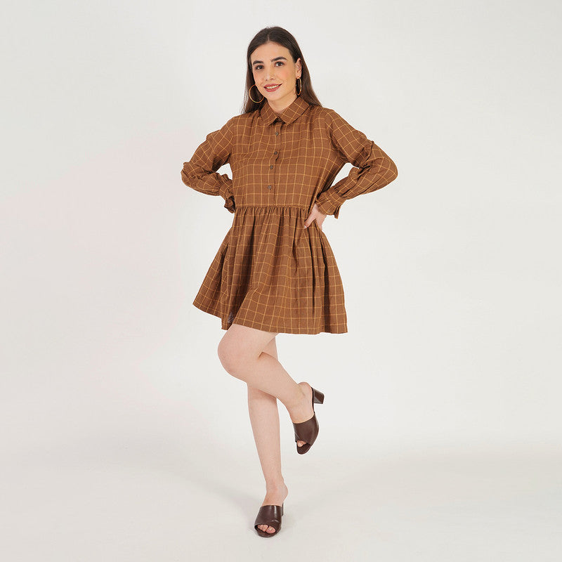 Cotton Mini Dress | Checkered | Brown