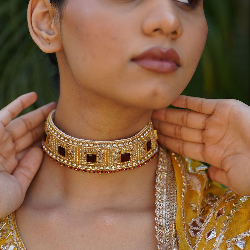 Jaipuri Stone Choker | Gold & Maroon