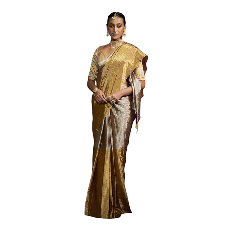 Saree with Blouse Fabric for Women | Handloom Tissue | Silver & Gold