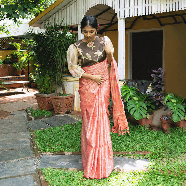 Linen Saree With Blouse | Hand Emrboidered | Red