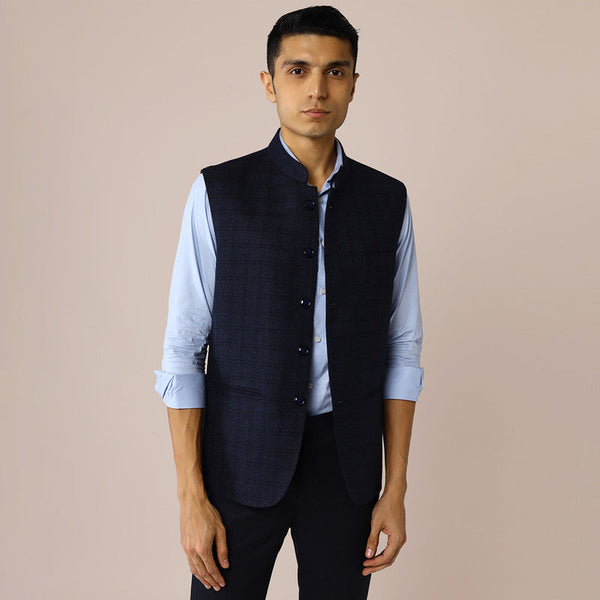 Woolen Mens Nehru Jacket | Blue