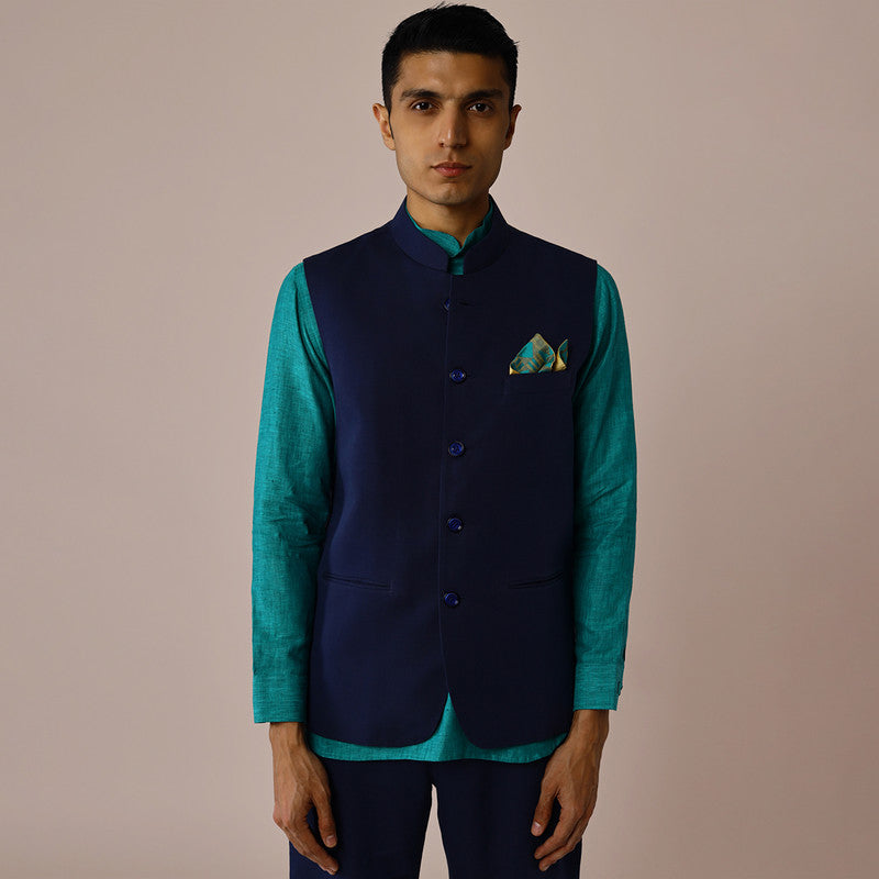 Linen Mens Nehru Jacket | Blue