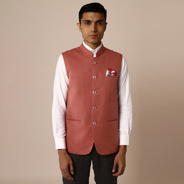 Linen Mens Nehru Jacket | Pink