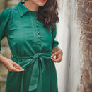 Cotton Knee Length Dress | Tie-Up Waist | Green