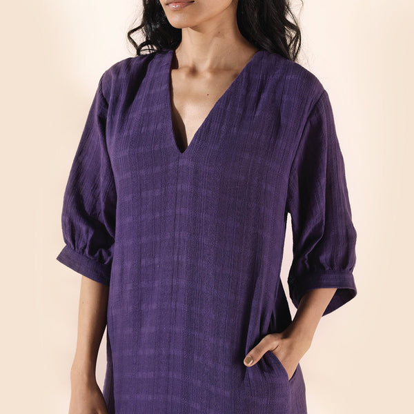 Cotton Dobby Midi Dress for Women | Purple | Side Slit