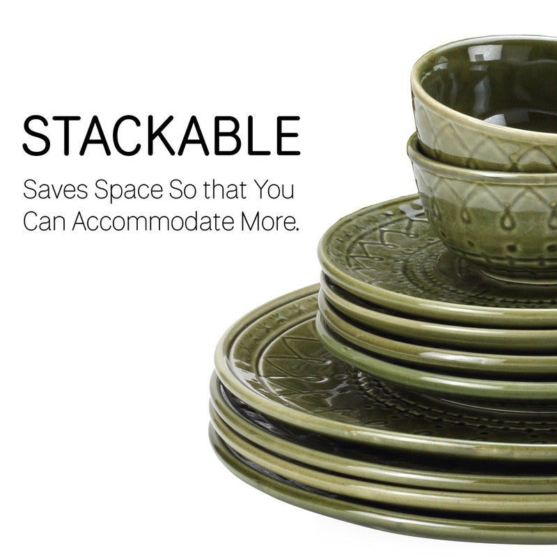 Stoneware Ceramic Dinner Set | 6 Dinner Plates, 12 Bowl & 2 Serving Bowl | Moss Green | Set of 20