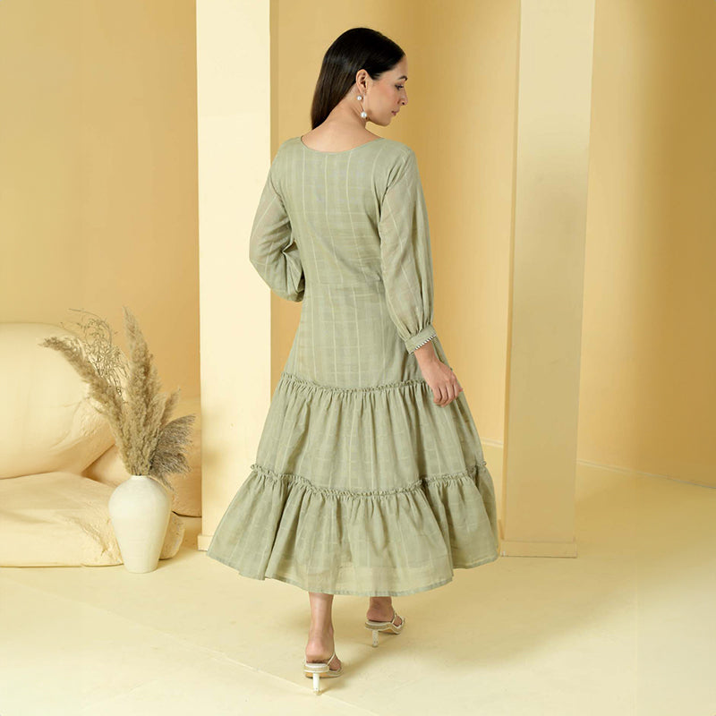Cotton Tiered Dress for Women | Sage Green
