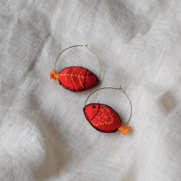 Hoops Earrings for Women | Dupion Silk | Hand Embroidered | Red.