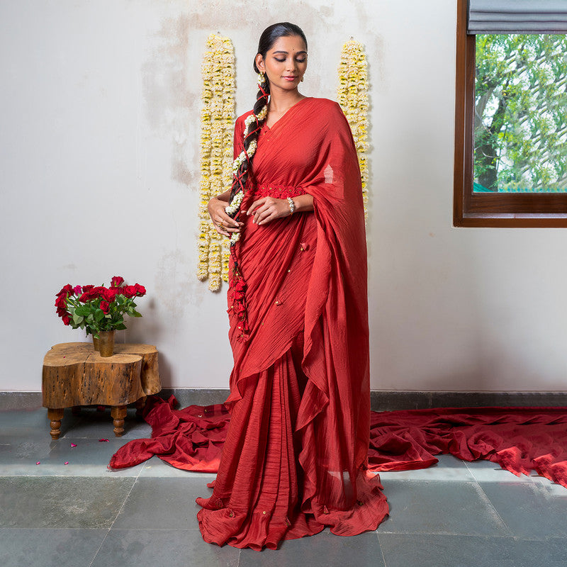 Chanderi Silk Saree | Embroidered Blouse | Red